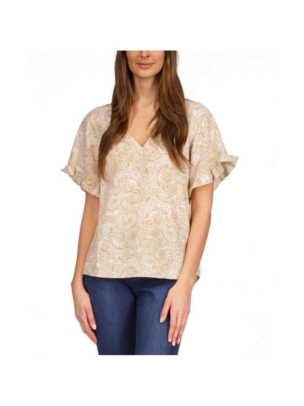 MICHAEL Michael Kors Women's Paisley-Print Ruffled Top in Khaki Size S
